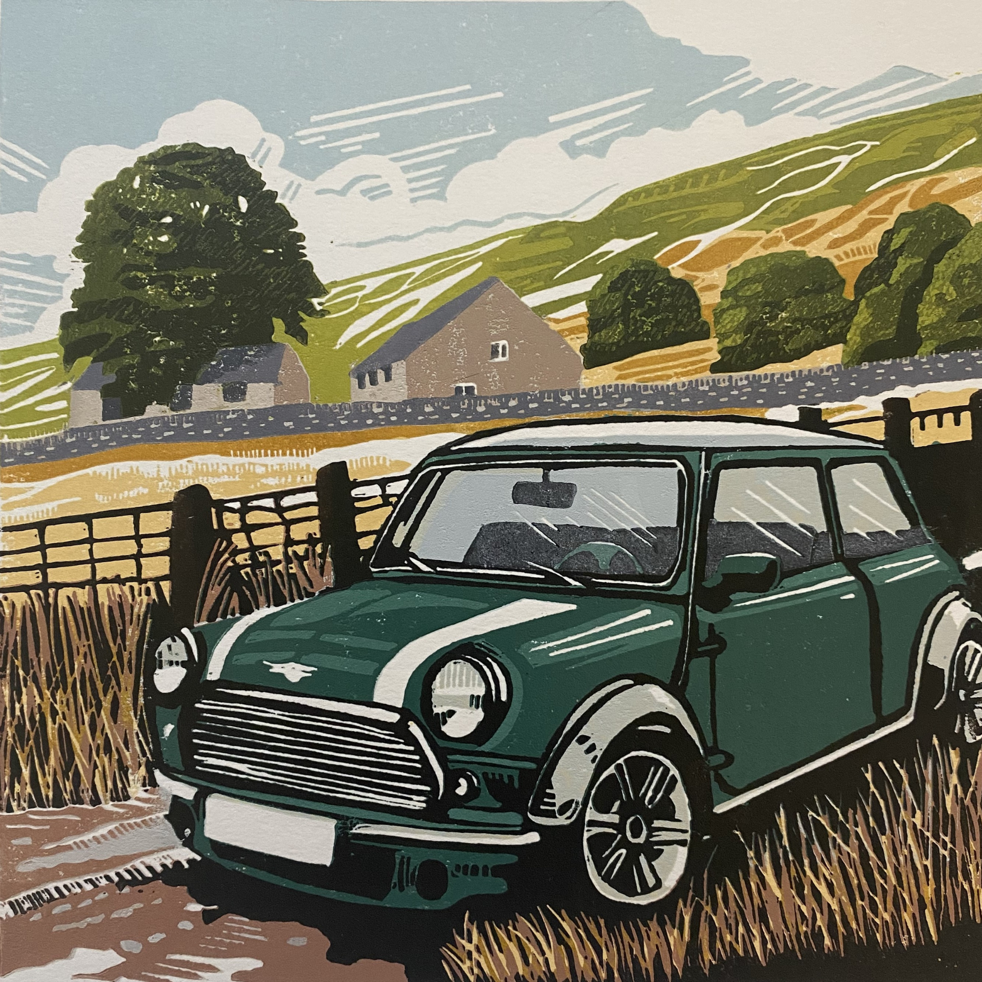 A classic Mini car shown in a rural location - a hand printed reduction Lino cut