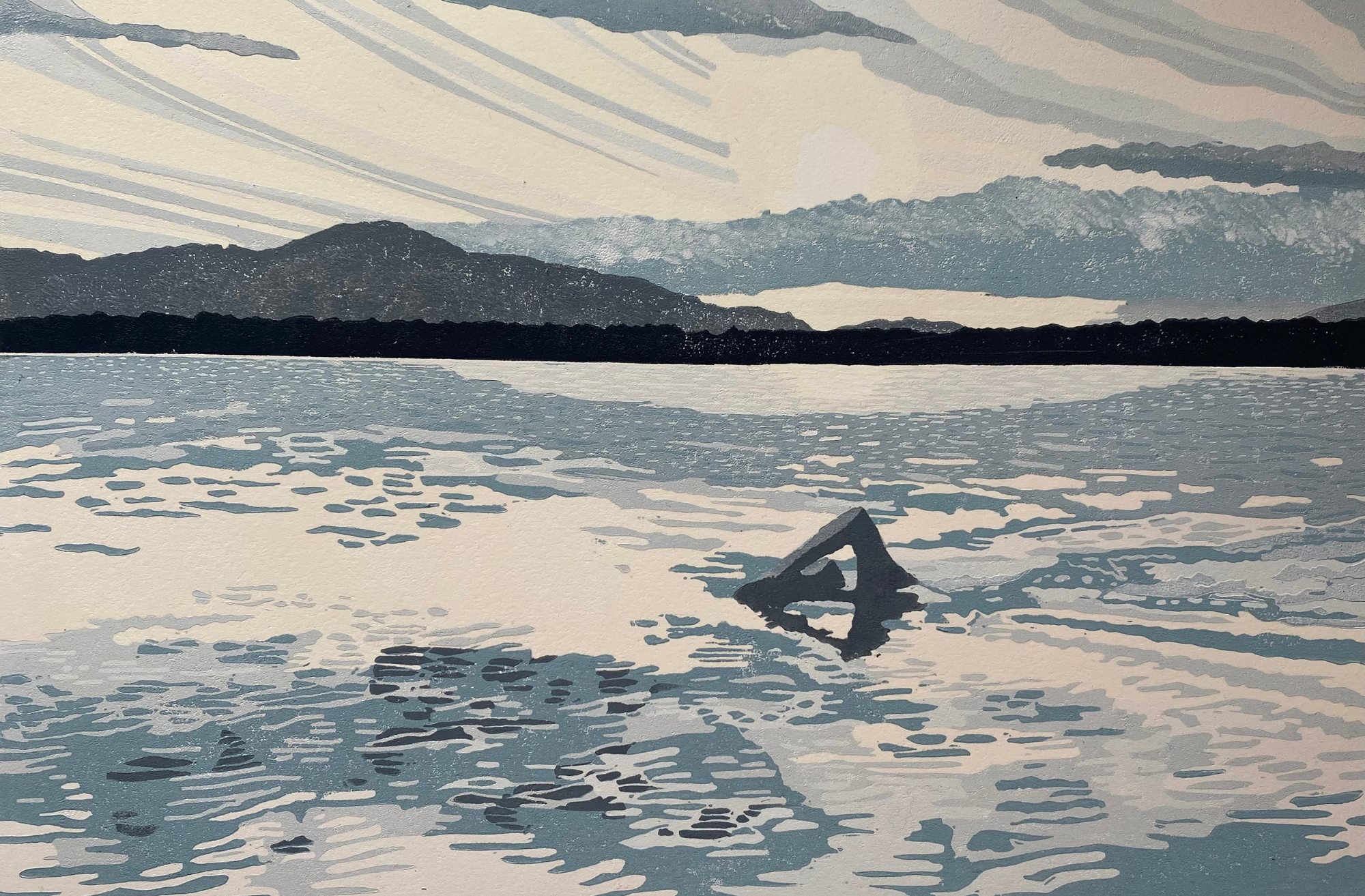 A wild swimmer in the early morning light - reduction Lino cut