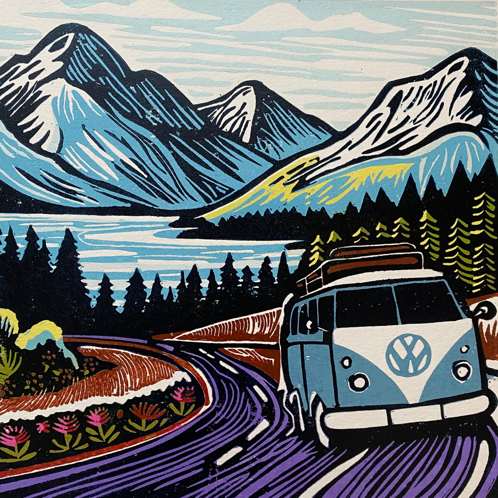 Adventure Time a hand printed reduction Lino cut showing a VW split screen camper van in mountains