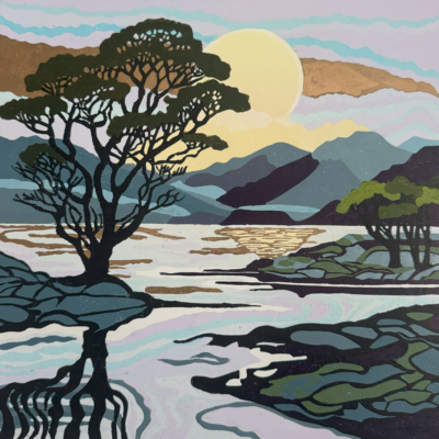 Hand printed reduction Lino cut showing a tree is a dreamy landscape