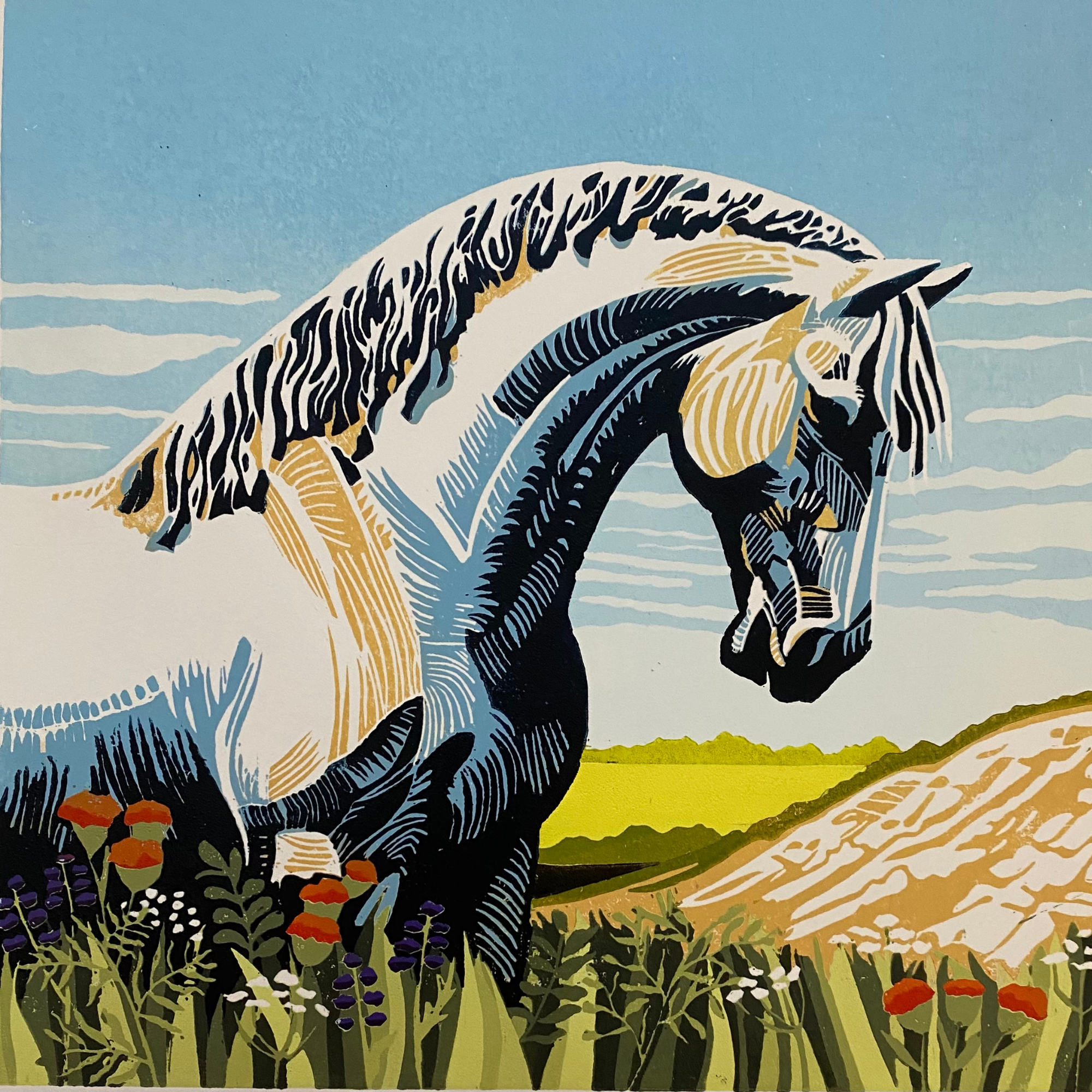 A Hand printed reduction Lino cut showing a majestic white horse