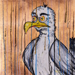 Sid, a comic Seagull on a rose gold background