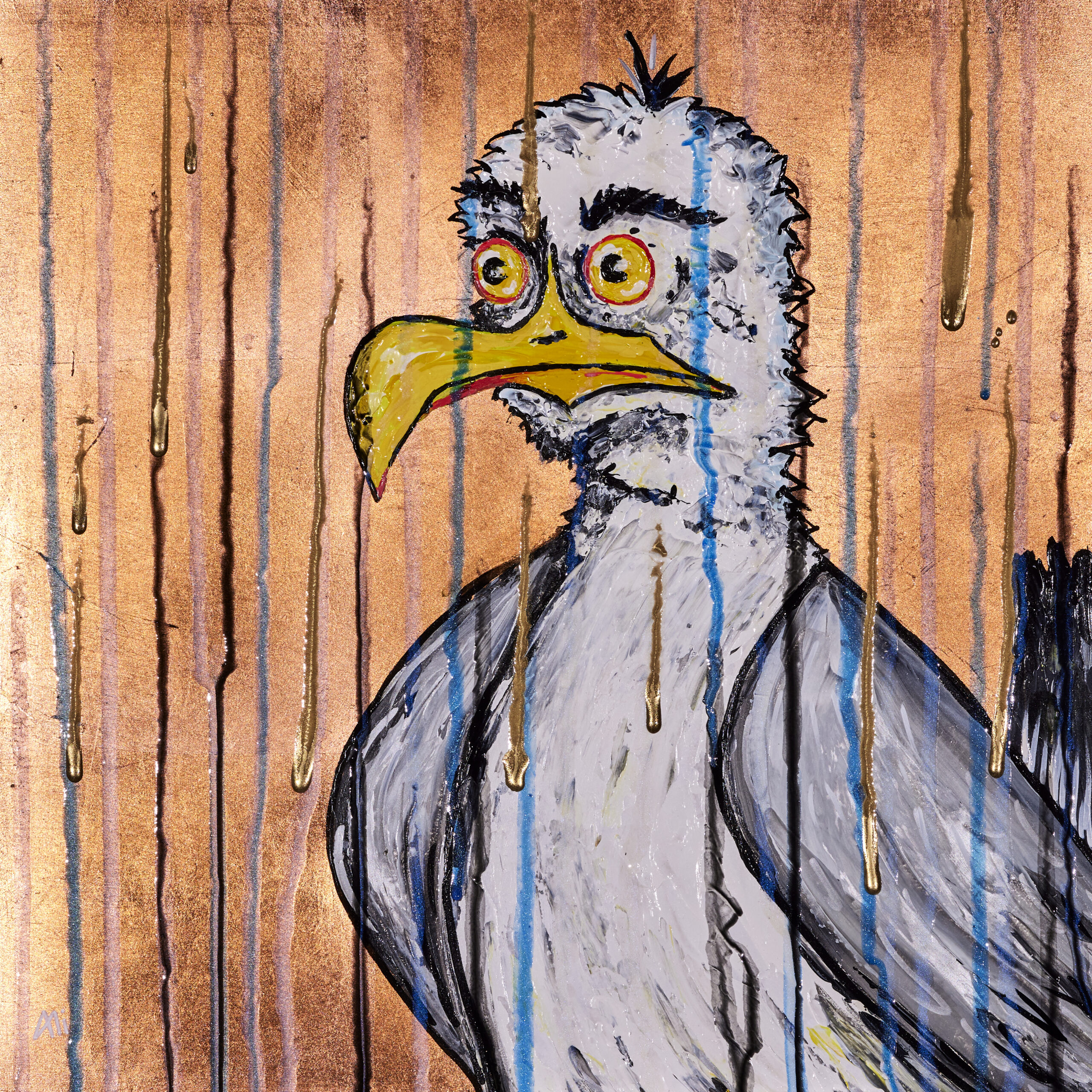 Sid, a comic Seagull on a rose gold background