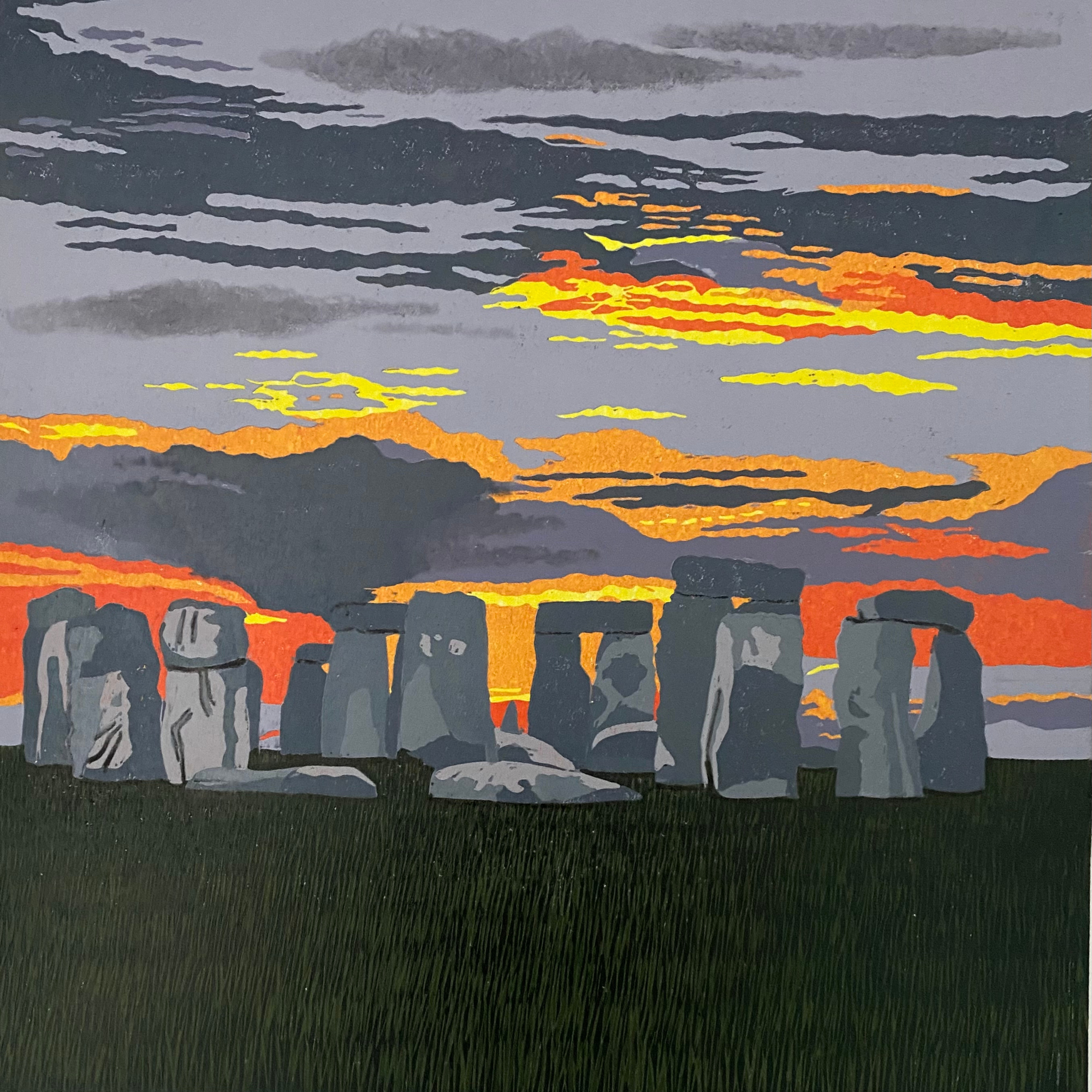 a hand printed reduction Lino cut showing Stonehenge under a sunrise